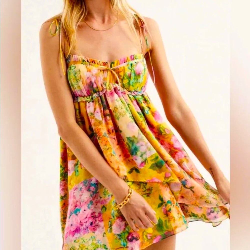 For Love Bell Chiffon Floral Yellow Mini Dress